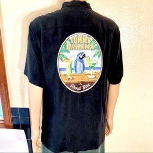 Tommy Bahama Short Sleeve Embroidered Silk Camp Shirt Black Large